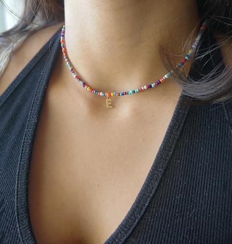 VLIEGEN 18K Gold Plated Colorful Beaded Initial Choker Necklace Boho Gift for Women