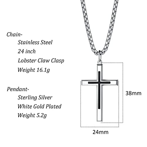FANCIME Black Cross Sterling Silver PendantLong NecklaceFine Jewelry Stainless Steel Box Chain 24"