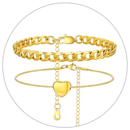 Stainless Steel Cuban Link Anklet Sets for Women, Adjustable 8.5"-10.5"
