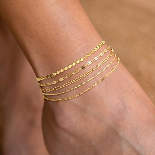 DEARMAY 14K Gold Plated Dainty Ankle Bracelets Set - Waterproof Herringbone Cuban Chain Pack