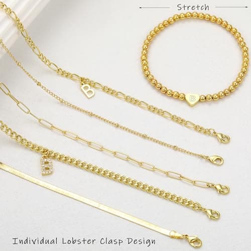 14K Gold Plated Initial Bracelet Set, Dainty & Stackable for Women
