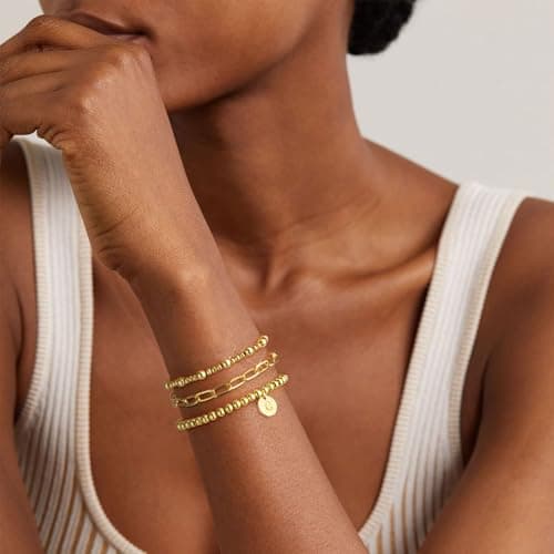 Wowshow 14K Gold Plated Strand Beaded Initial Bracelet Set for Women