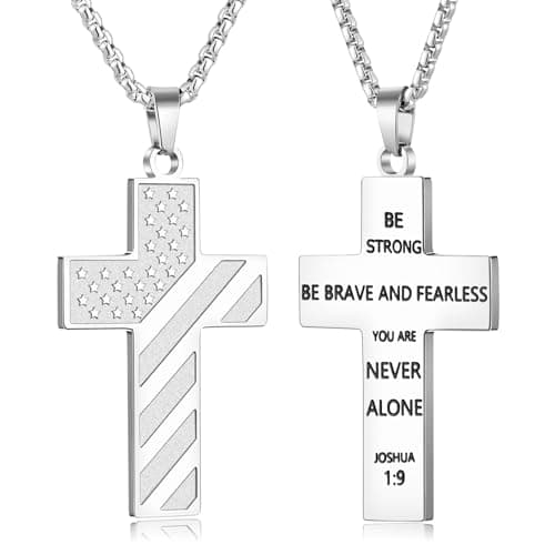 Fiusem American Flag Cross Chain Necklace, Stainless Steel for Men