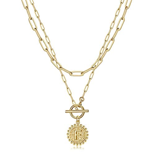 Turandoss Gold Plated Layered Necklace for Women Coin Initial Pendant