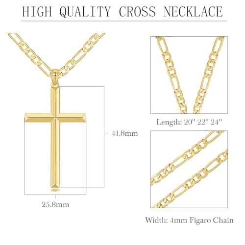 NICRET Gold Cross Necklace - Faithful Figaro Chain for Men