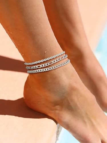 Stainless Steel Cuban Link Anklet Sets for Women, Adjustable 8.5"-10.5"