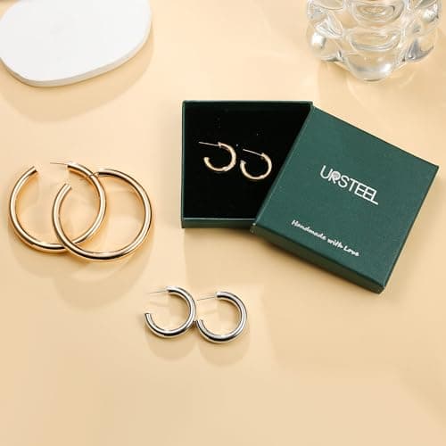 Ursteel 14K Rose Gold Plated Chunky Hoop Earrings for Women