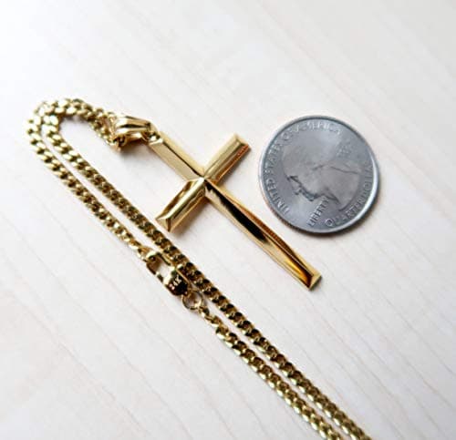 24K Gold Cuban Link Cross Pendant Necklace for Men Diamond Cut Religious