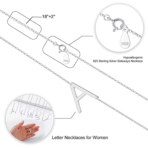 Turandoss Sterling Silver Sideways Initial A-Z Pendant Necklace for Women Girls
