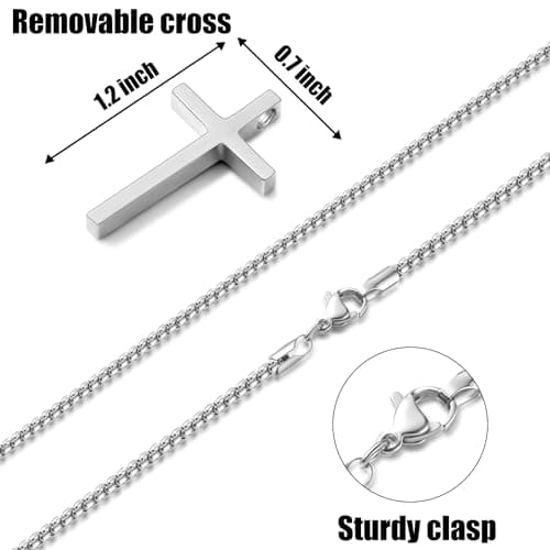 Fiusem Men's Silver/Gold/Black Cross Necklace, 2.5mm Chain, Stainless Steel Pendant, 16-24 Inch