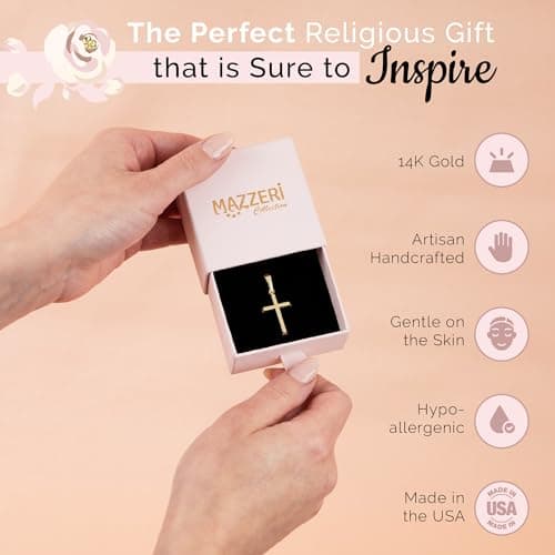 MAZZERI 14k Gold Cross Pendant, Handcrafted in USA, Religious Charms for All