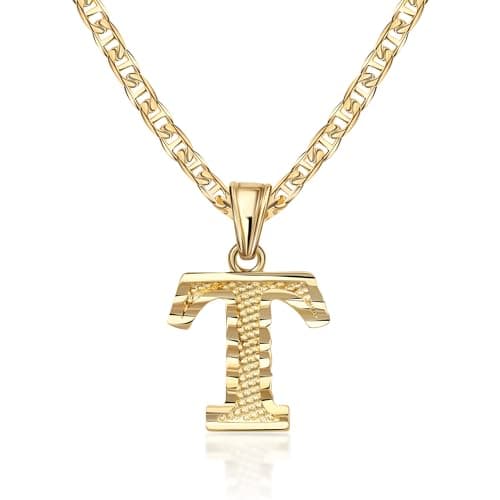 Barzel 18K Gold Plated Diamond Cut Initial Necklace, 18" Chain + 2" Ext, Made in Brazil