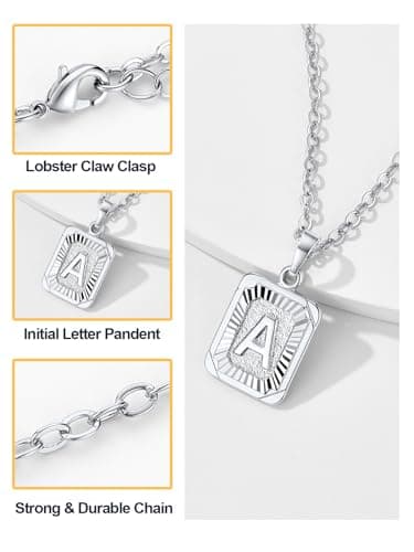 Zinc-plated Initial Square Necklace A-Z, 18K Gold Plated, Resizable 20-22" Chain, Women & Men