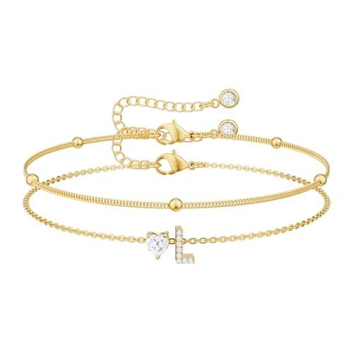 Tewiky Initial Heart Gold Bracelets for Women 14K Gold Plated Zircon Charm Charms Jewelry Gift