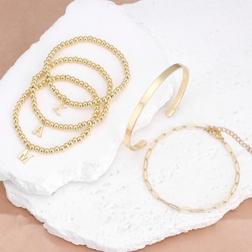 AOZEL Women's 14K Gold Plated A-Z Stackable Beaded Bracelet