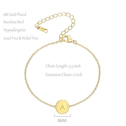Glimmerst Personalized Gold Plated Stainless Steel Initial Disc Charm Bracelet for Women