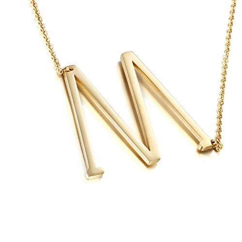 MOMOL Sideways Initial Necklace - Large 18K Gold Plated Stainless Steel Pendant for Women