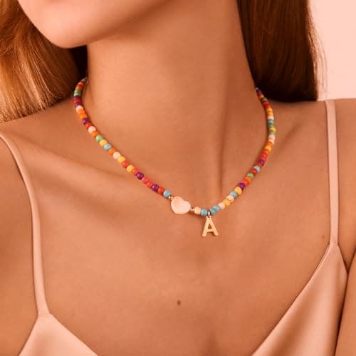 Ursteel Colorful Initial Necklaces for Girls - Trendy Beaded Choker Necklace for Women and Teen Girls, Personalized Letter Initial Jewelry Gifts