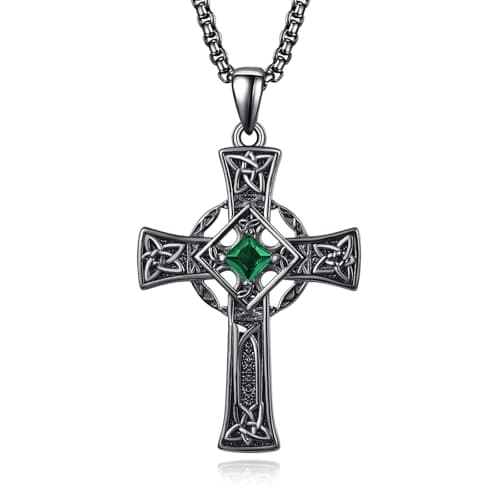 Admetus Sterling Silver Celtic Cross Necklace for Men with Birthstone Chain