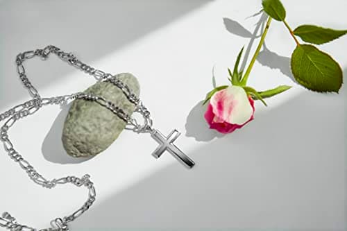 Gerojery Men's 925 Sterling Silver Cross Necklace with Strong Figaro Chain, 14.8g, 22+2 Inches