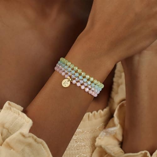 Personalized Initial Bracelet Set for Girls - Gold Beaded Charm Bracelets for Women - Gift for Friendship or Bridesmaids