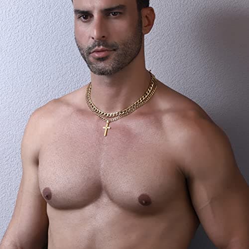Men's Stainless Steel Layered Cross Pendant Necklace Cuban/Figaro Chains Christmas Jewelry
