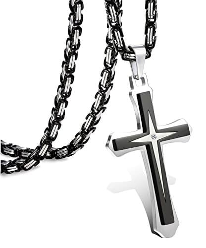 Lolestik Black Gold Cross Necklace for Men, Byzantine Chain, 22-30 Inch