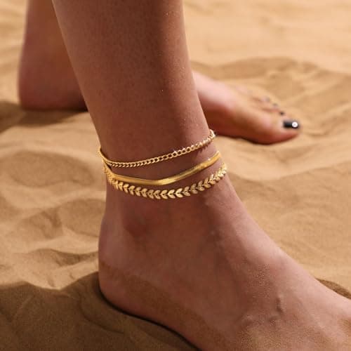 MIDEEO Women's 14K Gold Heart Herringbone Anklets Rhinestone Jewelry Gift