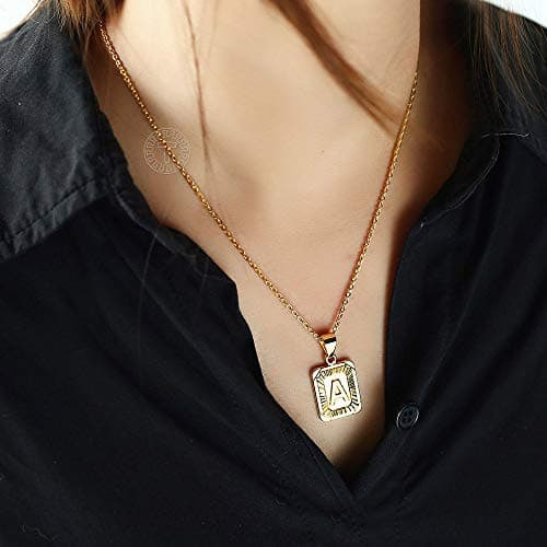 Trendsmax Gold Plated Rectangle Initial Pendant Necklace for Mens and Womens Rolo Chain