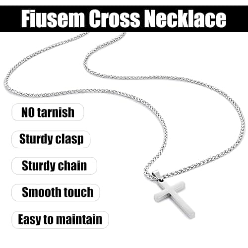 Fiusem Men's Silver Tone Cross Necklace, Stainless Steel Wheat Chain, 16-24 Inch