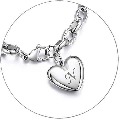 GOLDCHIC Stainless Steel Heart Charm Bracelet for Women - Initial Letters Alphabet Bracelets