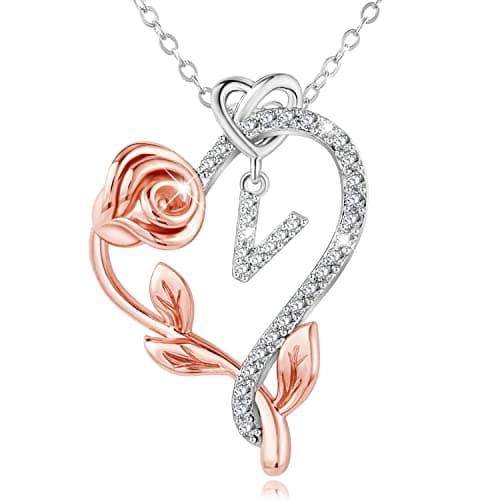 SNZM 925 Sterling Silver Heart Initial Necklace with 5A CZ - Perfect Valentine's, Mother's Day & Birthday Gift
