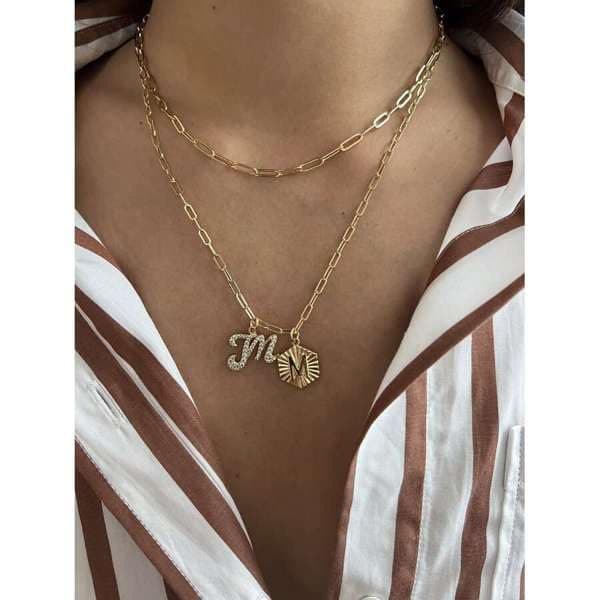 PavoI 14K Gold Plated Hexagon Initial Pendant Layered Necklace for Women | Paperclip Chain