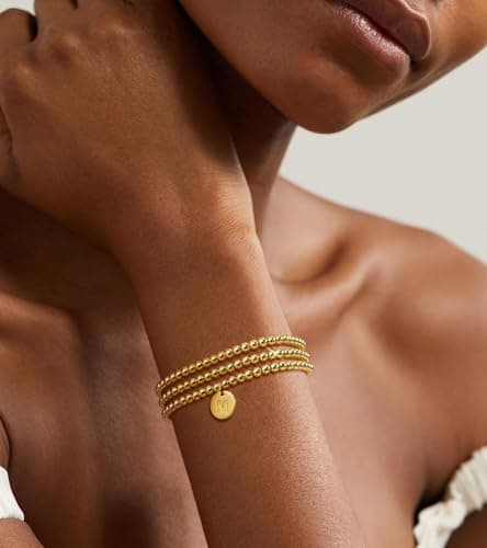 Doubgood 18K Gold Plated Beaded Bracelet with Alphabet Pendant