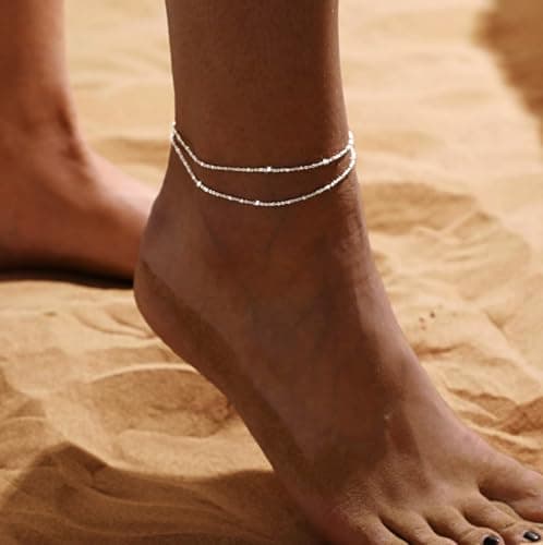 DEARMAY Dainty Silver Anklets for Women Waterproof S925 Sterling Silver Anklets Set