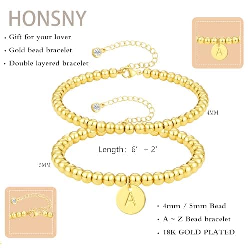 Honsny Gold Plated Initial Bracelet Set for Women A-Z Adjustable Charms