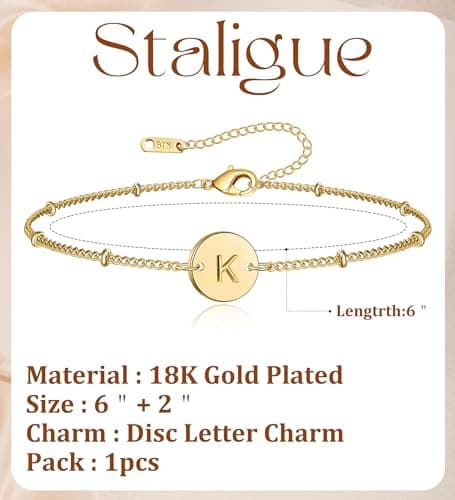 Staligue Gold Initial Bracelet - 18K Gold Plated Coin Disc Beaded Chain
