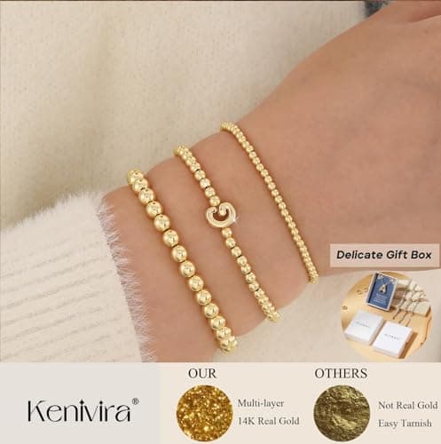 Kenivira Dainty 14K Gold Plated Layered Stackable Bracelets for Women