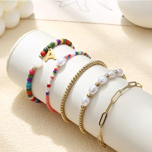 Sanfenly Women's Gold Stackable Pearl Beaded Initial Charm Bracelet (A Letter)