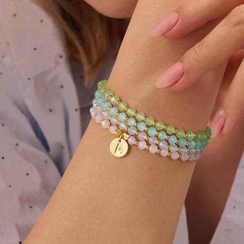 Personalized Initial Bracelet Set for Girls - Gold Beaded Charm Bracelets for Women - Gift for Friendship or Bridesmaids