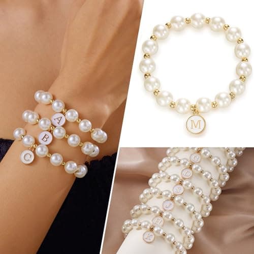 Trendy Gold Plated Pearl Initial Bracelets for Women