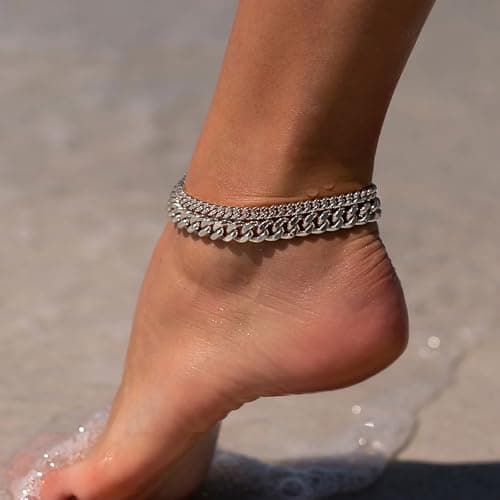Freekiss Sterling Silver Layered Waterproof Anklet for women Adjustable Beaded Cuban Link Jewelry