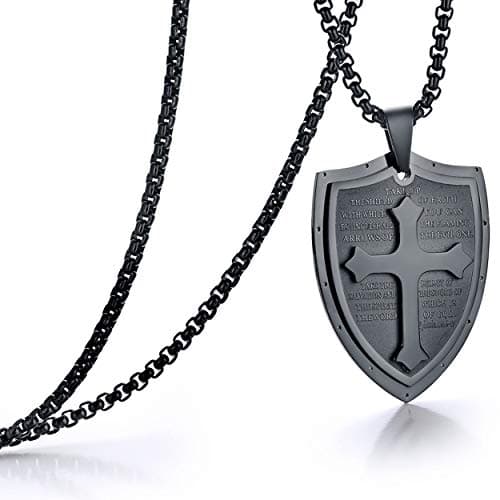 Stainless Steel Shield Armor of God Cross Pendant Necklace Black Silver 24" Chain