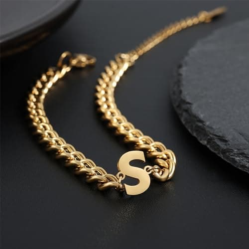 Jwicklirrng Men's 18K Gold Plated Letter Charm Bracelet A-ZAdjustable Cuban Chain for Boyfriend or Father
