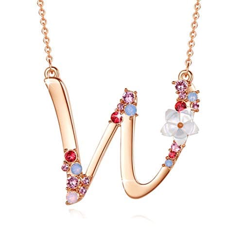 GEMMANCE Pink Red Blue Simulated Pearl Pendant Initial Letter Necklace Rose Gold Plated Anniversary Gifts for Women