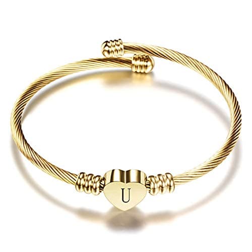 Women's Gold Plated Heart Initial C Bracelets Stainless Steel Birthday Jewelry