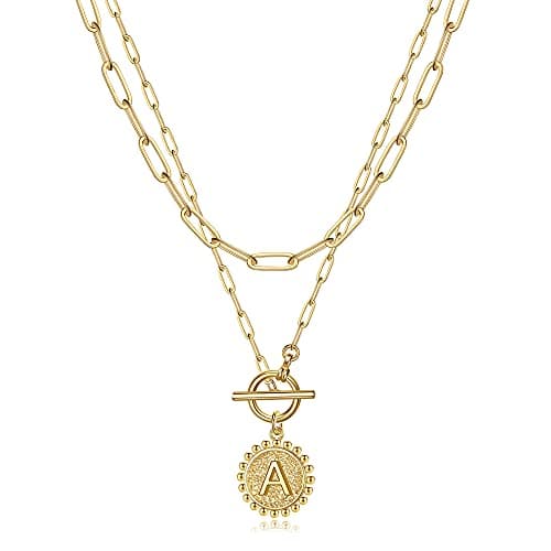 Turandoss Gold Plated Layered Necklace for Women Coin Initial Pendant