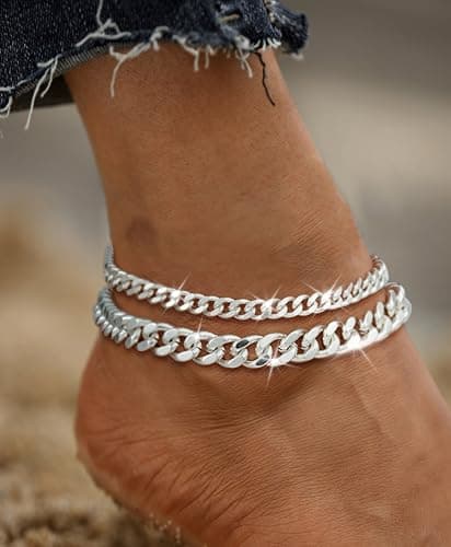 Funsanny Women's Waterproof Goldankle Bracelet Set 14K Gold/Silver Plated Chunky Cuban Link Trendy Gift