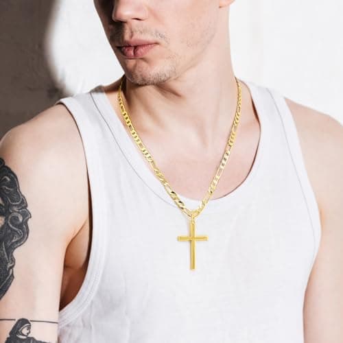 Verniflloga Men's 14k Gold Large Cross Figaro Chain Necklace 20-24 Inch
