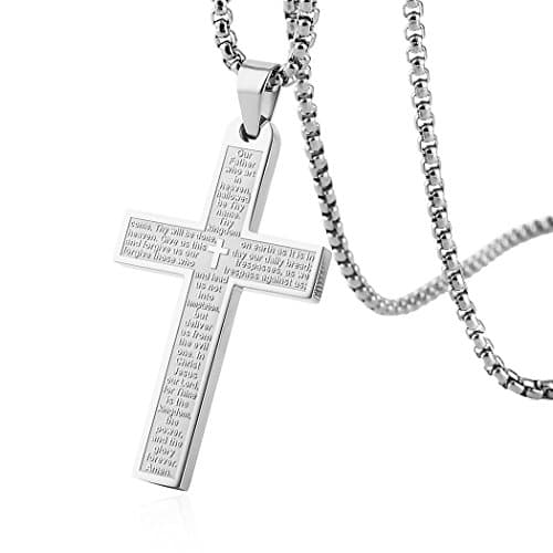 HZMAN Stainless Steel Cross Necklace with Lord's Prayer Pendant, 4 Colors